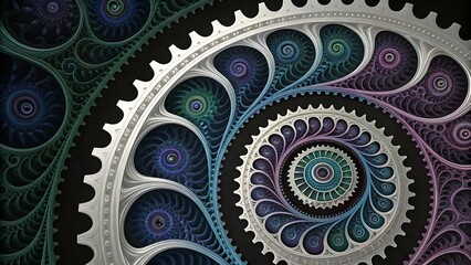 Detailed fractal design featuring concentric circles and spirals in shades of blue and purple