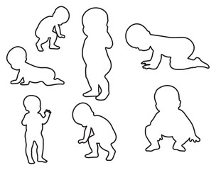 Set of baby silhouettes standing, sitting, crawling, and lying down, vector illustration.