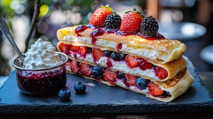 Fruit crepes layered with cream cheese filling, strawberries, blueberries, and blackberries served with berry sauce and whipped cream on dark slate board