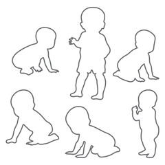 Set of baby and toddler silhouette isolated on white background. Sitting, crawling and standing. Vector illustration