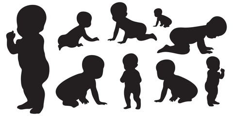 Set of baby and toddler silhouette isolated on white background. Sitting, crawling and standing. Vector illustration