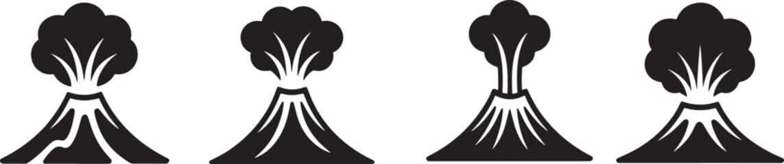 Obraz premium Set of four volcano icons in black and white depicting eruption and natural disaster