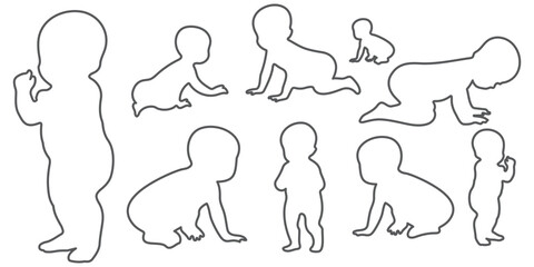 Set of baby and toddler silhouette isolated on white background. Sitting, crawling and standing. Vector illustration