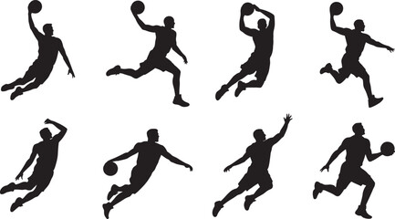 Silhouette illustrations of basketball players in various action poses displaying athletic movements.