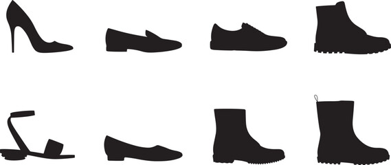 Silhouettes of various footwear styles including heels loafers sneakers boots and sandals