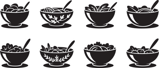 Stylized black and white illustrations of various bowls of healthy salad dishes with spoons