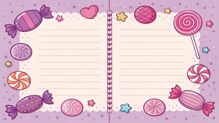 Cartoon candy and lollipop border, pink and purple.
