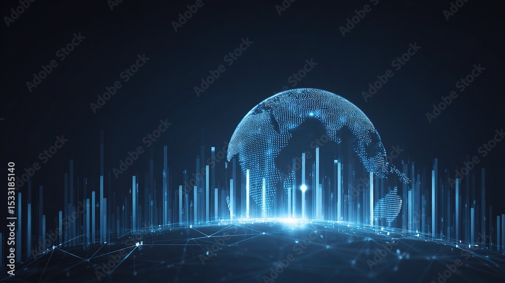 Poster digital network globe with nodes and layered data visualizations