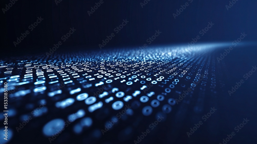 Poster abstract navy blue background with binary digits flowing stream