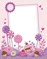 Cartoon candy and lollipop border, pink and purple.