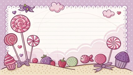 Cartoon candy and lollipop border, pink and purple.