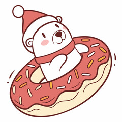 Whimsical Polar bear feeling Cheerful in a Christmas setting with inside a donut float – colored in Warm Cozy