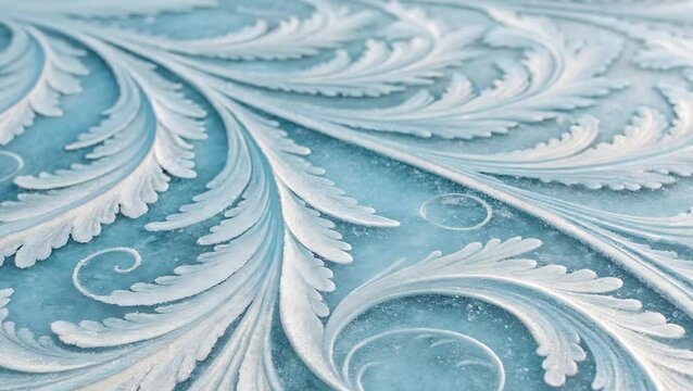 Close up of intricate white floral pattern on a light blue background with swirls and leaves