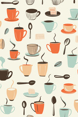 Vector seamless background of cozy coffee cups and beans in pastel tones for morning-themed projects.