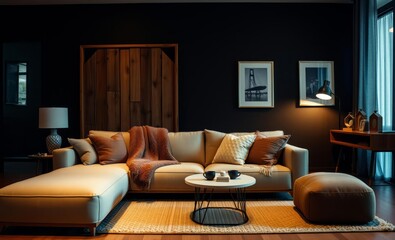 A modern living space where a plush sofa a rustic room divider a cozy blanket a framed picture a stylish stool and personal accessories create a haven of comfort and elegance