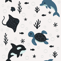 Pattern of sea animals on dark blue and soft blue colors on a grey background