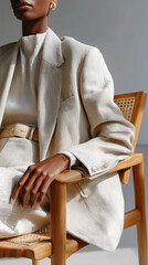 Professional businesswoman lounging comfortably in wooden chair, wearing oversized blazer with refined designer accessories