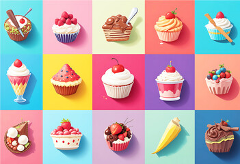  national dessert day Pop Art Dessert Composition with Flat Color Blocks and Real Elements vibrant food composition, abstract dessert image, bold color food photo cupcake vector chocolate muffin 
