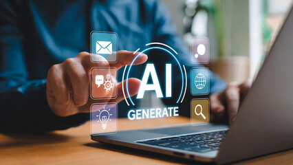 Closeup Hands Interacting with A I Generate Interface on Laptop Screen Showing Email Chat Globe