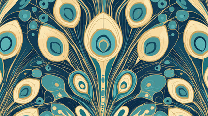 Seamless vector pattern with dark luxurious background featuring stylized golden peacock feather design