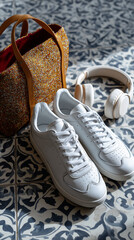 Pair of white sneakers, headphones and handbag illuminated by sunlight on a patterned tiled floor, composing a stylish and modern flat lay