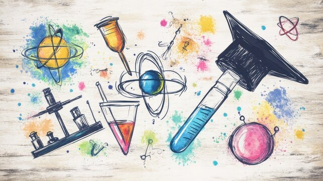 Colorful science sketch on wooden surface