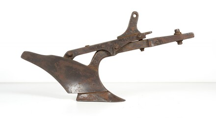 Vintage iron plow against white background
