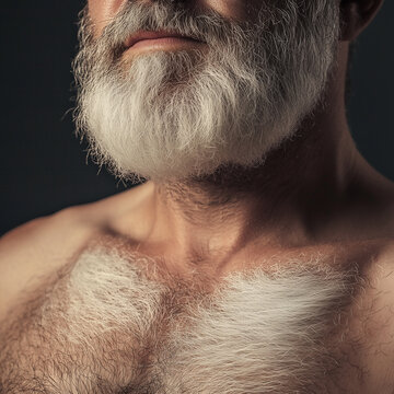 Torse et barbe d&rsquo;un homme m&ucirc;r &agrave; la pilosit&eacute; blanche, portrait partiel mettant en valeur les poils blancs du torse et la barbe fournie, lumi&egrave;re douce sur fond sombre pour projets durant l&rsquo;ann&eacute;e &agrave; venir