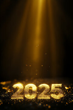  Chiffres "2025" dor&eacute;s illumin&eacute;s par un faisceau lumineux sur fond noir avec particules scintillantes, ambiance solennelle et &eacute;l&eacute;gante pour illustrer tous les &eacute;v&eacute;nements, projets et c&eacute;l&eacute;brations de l&rsquo;