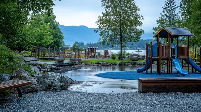 Scenic Lakeside Playground with Lush Greenery and Mountain Views for Family Fun