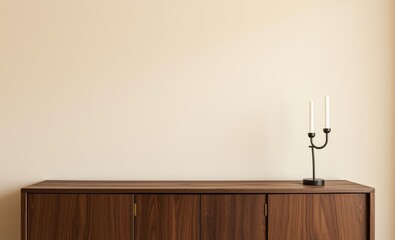 A neutral canvas of beige walls adorned with sleek modern sculptures and punctuated by a unique candle holder on a rustic wooden sideboard creating a harmonious blend of earthy tones and contempora
