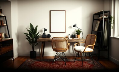A cozy home office where a mock-up poster frame a rustic wooden desk a plush rattan chair and a sleek black rack harmoniously coexist adorned with patterned rug potted plant and personal access