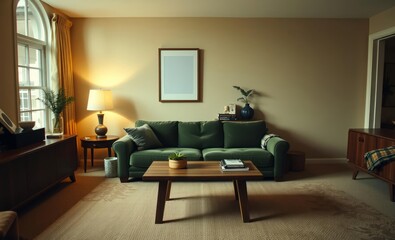 A warm and cozy living room adorned with a mock-up poster frame a plush green sofa a sturdy wooden coffee table a neutral beige wall a stylish sideboard a beige carpet and a touch of plaid and 