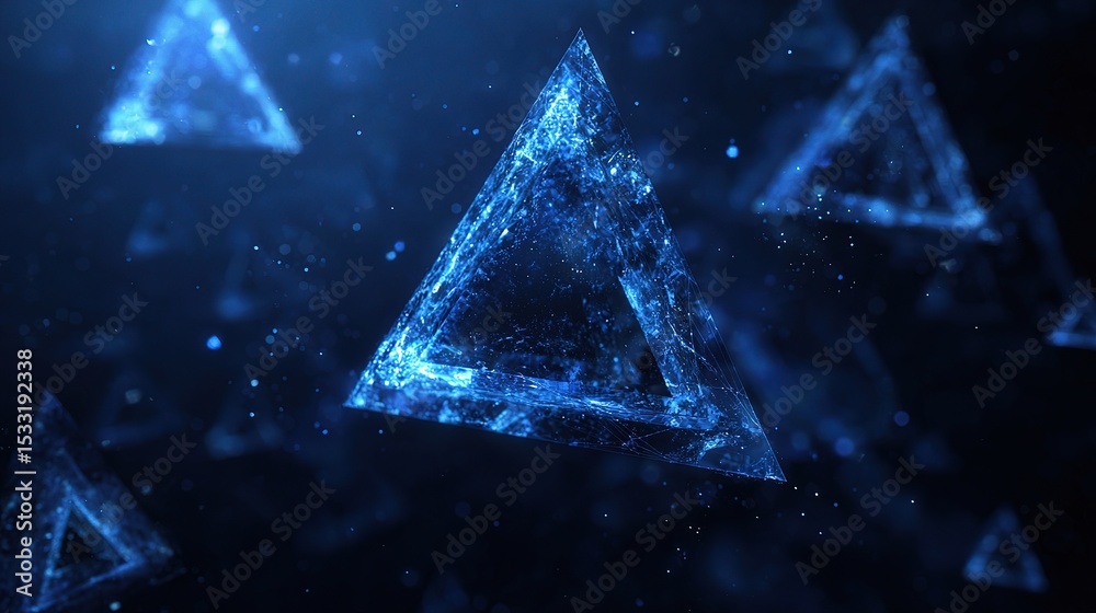 Poster luminous floating triangles rotating in deep blue space