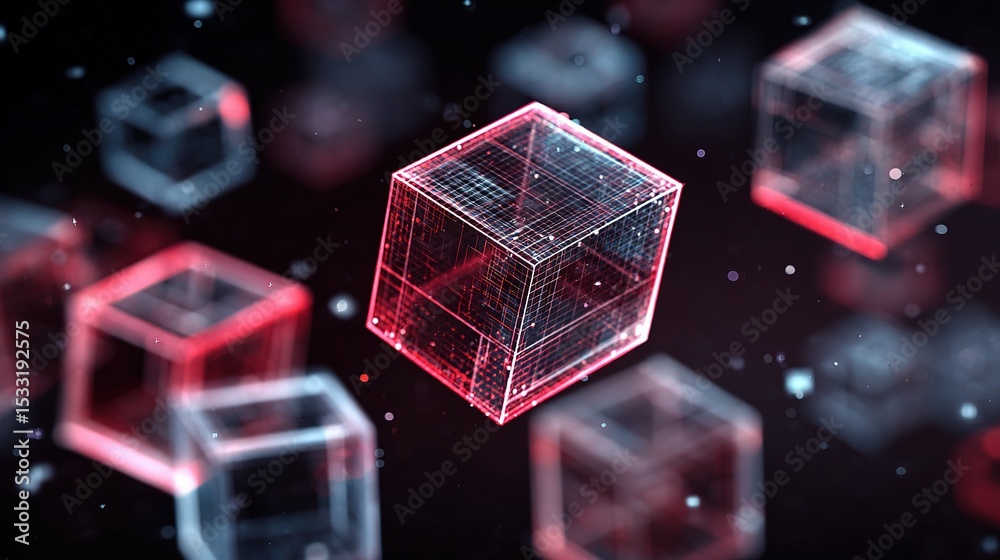 Poster rotating geometric cube wireframe on dynamic background in 3d