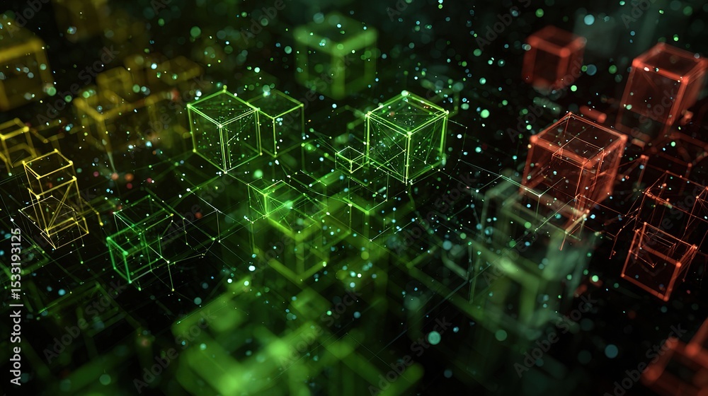 Poster 3d digital background with tech nodes and floating cubes