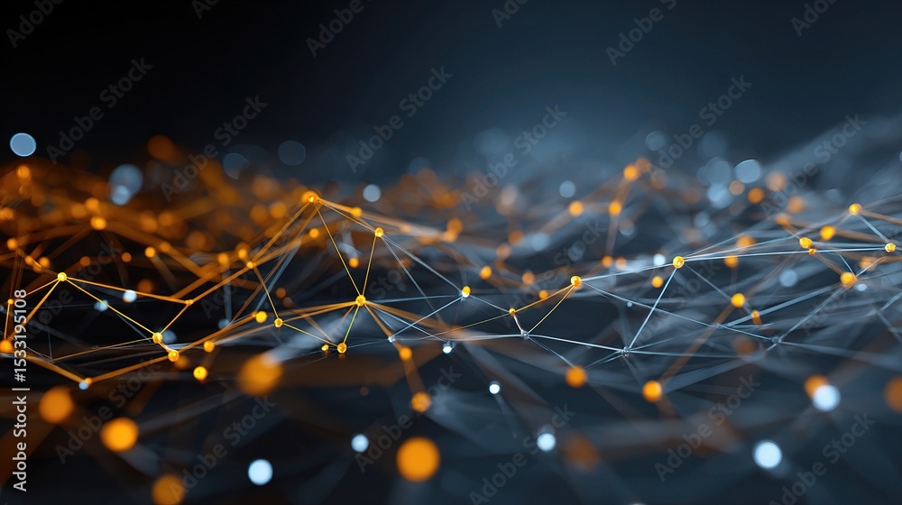 Poster futuristic 3d network grid with floating particles and nodes
