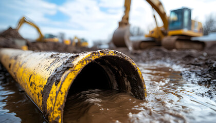 Yellow pipe discharges muddy water into puddle. Construction machinery operates in background under clear blue sky. Dirtied water outflow from