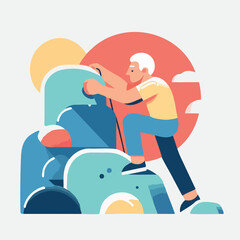 Fototapeta premium Senior man climbing abstract rocks against a sunset background 