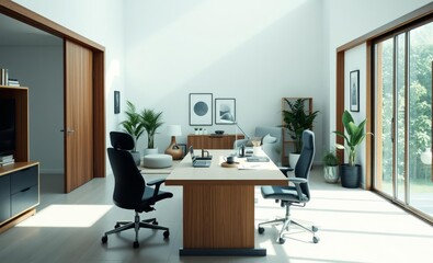 Fototapeta premium A sleek minimalist home office bathed in natural light exudes professionalism and tranquility A large light wooden desk adorned with a collection of carefully curated decorative items stands as