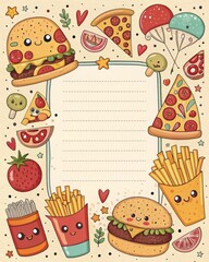 Cartoon pizza, burger, fries pattern frame, fun style.