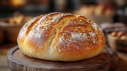 Round Seeded Bread Loaf on Wooden Board