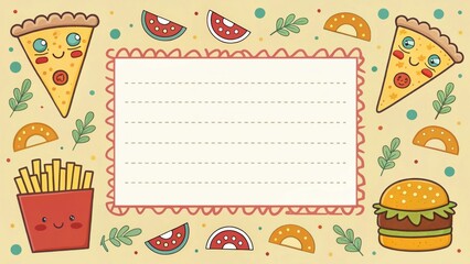 Cartoon pizza, burger, fries pattern frame, fun style.
