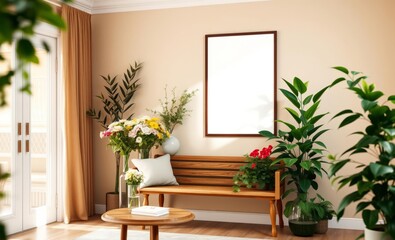 A vibrant living room adorned with a mockup poster frame a cozy wooden bench and a symphony of greenery - vases overflowing with fresh flowers and lush green leaves a refreshing sprinkler adding a