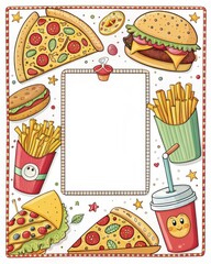 Cartoon pizza, burger, fries pattern frame, fun style.