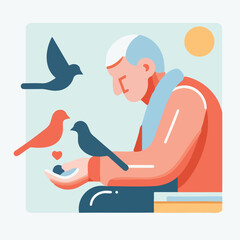 Elderly man feeding birds with warm smile in sunny outdoor setting  