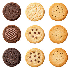 Different cookies set isolated on white background. Various cookies and biscuits collection. Many flavors of Baked cookies set.