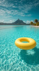 Obraz premium Yellow float ring in tranquil turquoise water near tropical island