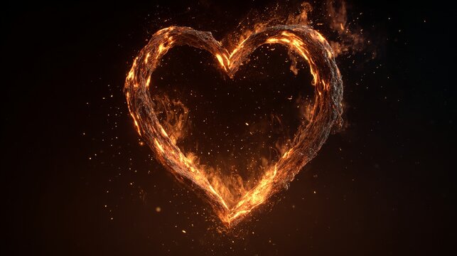 A fiery heart shape glowing against a dark background, symbolizing passion