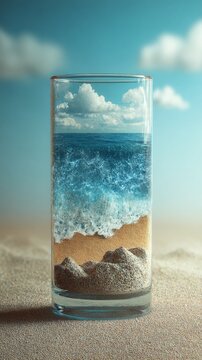 Ocean in a glass with sandy beach and waves under blue sky, surreal artwork